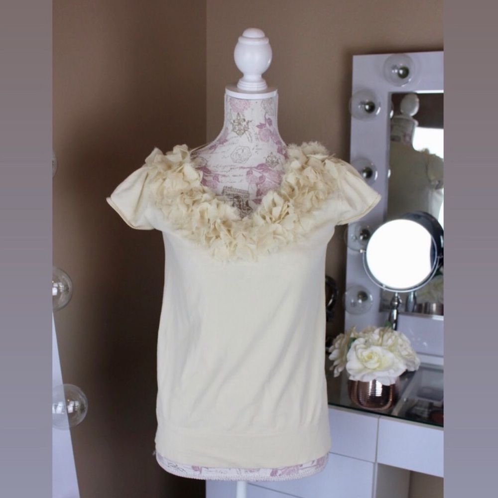 EUC  One 7 Six Floral Neckline Cap Sleeve Top  Sz M